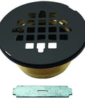 Brass Shower Drain Body With Grid Cover Plate, Four And A Quarter Inch OD Compression Fit, Matte Black Finish, top view