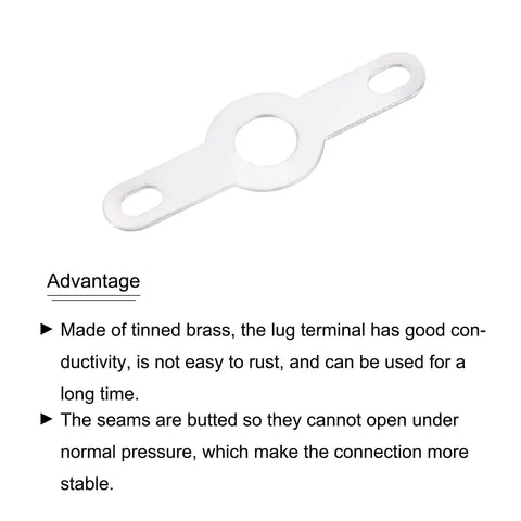 Double End Lug Plate Ring Terminal 3.2mm Soldering Lug, tinned brass, close-up with features listed, pack of 200.