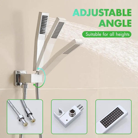 Shower System, 10-Inch Rain Head, 2-in-1 Handheld, Chrome, Wall Mount showing adjustable angle sprayers and chrome fixtures.