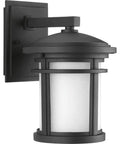 Lit Wish LED Outdoor 1 Light Wall Lantern In Textured Black With Etched White Linen Glass Craftsman Style Outdoor Fixture