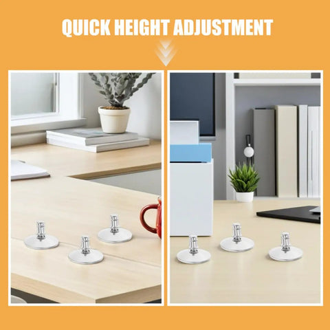 Heavy Duty Adjustable Furniture Levelers With 12 Piece Wobble Free Swivel Base For Tables Cabinets And Chairs Noise Reducing Plastic Metal Feet No Skid Tight Setup on a desk.