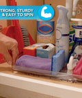 Smart Spin Rotating Refrigerator Organizer Lazy Susan in cabinet with cleaning supplies, showcasing 360° rotation and acrylic tray.