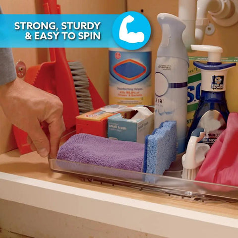 Smart Spin Rotating Refrigerator Organizer Lazy Susan in cabinet with cleaning supplies, showcasing 360° rotation and acrylic tray.