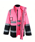 High Visibility 6 In 1 Reflective Oxford Jacket Parka Insulated ANSI Class 3 Construction Workwear with concealed hood, pink color