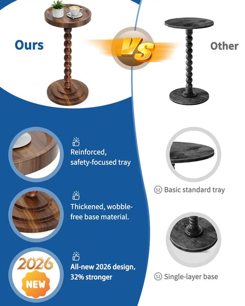 Comparison image showing Round Walnut Wood Side Table With Solid Wood Columns, highlighting reinforced tray and thickened base.