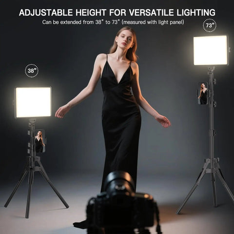 Model posing between two 2 Pack LED Video Light Kit For Creators Dimmable Studio Lights 2800K To 6500K with 73 inch tripods.