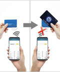 Person using RFID Blocking Card 5 Pack Shield For Wallets And Purses Keeps Your Cash And Cards Safe From Sneaky Contactless Skimming With 13.56 MHz NFC Tech Safe And Reliable To Use Blue with smartphone, showing blocking effect.