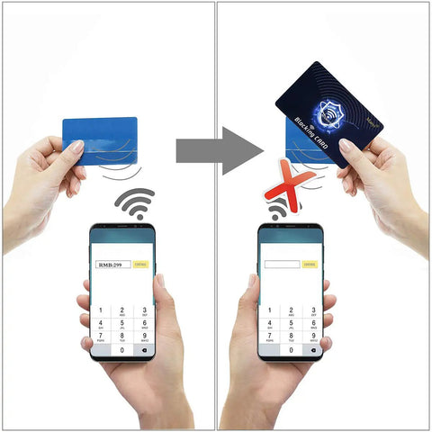 Person using RFID Blocking Card 5 Pack Shield For Wallets And Purses Keeps Your Cash And Cards Safe From Sneaky Contactless Skimming With 13.56 MHz NFC Tech Safe And Reliable To Use Blue with smartphone, showing blocking effect.