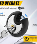 Outdoor Stainless Steel Disc Padlock With Waterproof Shield And Rubber Bumper for sheds and gates, showing locking instructions.