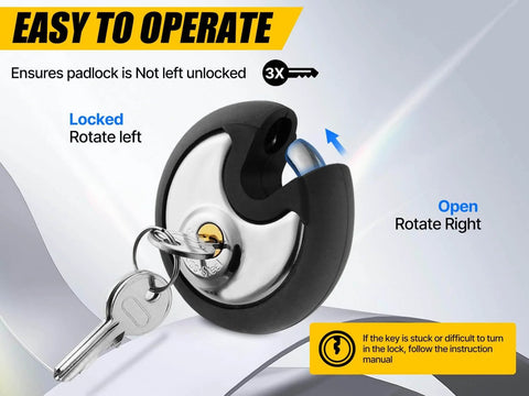 Outdoor Stainless Steel Disc Padlock With Waterproof Shield And Rubber Bumper for sheds and gates, showing locking instructions.