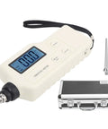 Pro Grade Handheld Digital Vibration Meter Tester Knocks Out Bearing Faults While Measuring Acceleration And Speed With Slick Probe For Heavy Duty Mechanical Diagnostics, with display and case.
