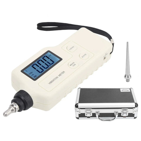 Pro Grade Handheld Digital Vibration Meter Tester Knocks Out Bearing Faults While Measuring Acceleration And Speed With Slick Probe For Heavy Duty Mechanical Diagnostics, with display and case.