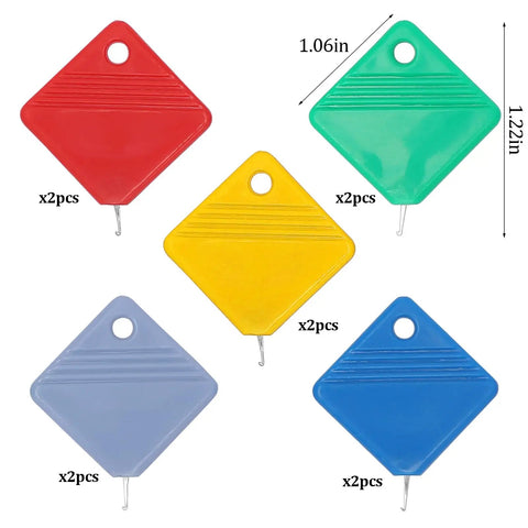Automatic Needle Threader Set, 10 Pack For Small Eye Needles, showing colorful plastic threaders with metal hooks