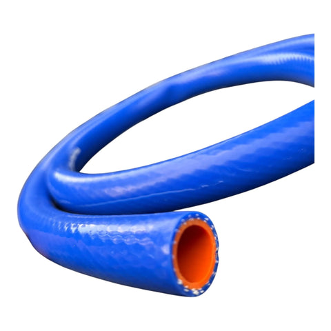 Blue 1-inch silicone heater hose with orange inner lining, close-up view of curled coil