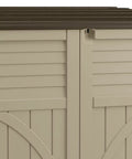 Close-up of Horizontal Outdoor Storage Shed For Trash Cans And Gear, Compact 34 Cu Ft Capacity, Lockable Multi Wall Resin Organizer In Sand And Slate
