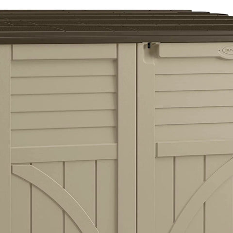 Close-up of Horizontal Outdoor Storage Shed For Trash Cans And Gear, Compact 34 Cu Ft Capacity, Lockable Multi Wall Resin Organizer In Sand And Slate