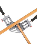 Two Pack Right Angle Corner Clamps With Double Handle Grip 90 Degree Aluminum Alloy holding wooden planks in cross view