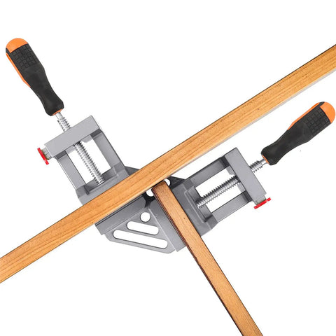 Two Pack Right Angle Corner Clamps With Double Handle Grip 90 Degree Aluminum Alloy holding wooden planks in cross view
