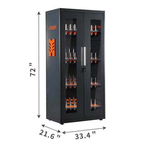 Heavy Duty CNC Tool Cabinet CAT40 Tool Holder Rack With ABS Buffering Liners Water Resistant Steel 72x33.4x21.6 inches with lockable front panel.