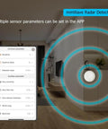 Zigbee 24GHz MmWave Presence Sensor With Body Motion And Static Detection, Luminance Sensing, in a living room setting with app interface.