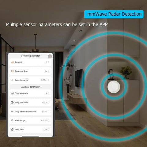 Zigbee 24GHz MmWave Presence Sensor With Body Motion And Static Detection, Luminance Sensing, in a living room setting with app interface.