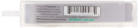 Back of packaging for Tap Guide For Standard Sizes 0-80 To 5/8 Inch, 90 Degree V-Groove Bottom, showing barcode and product details.