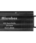 Micro Drill Bit Set 0.3-1.6mm With HSS Tiny Drill Bits And Shank, 20-Piece case showing labeled sizes and twist bits