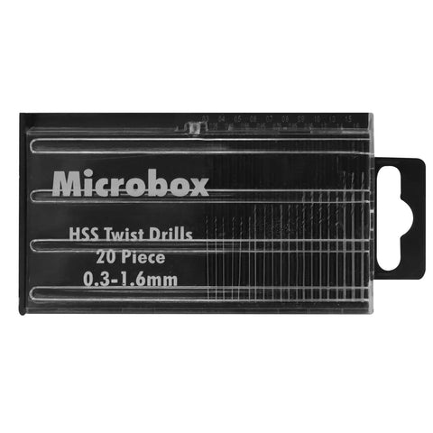 Micro Drill Bit Set 0.3-1.6mm With HSS Tiny Drill Bits And Shank, 20-Piece case showing labeled sizes and twist bits