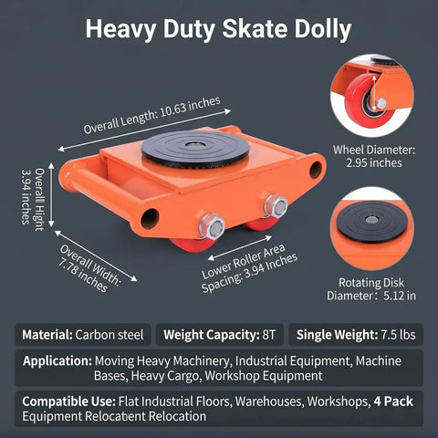4 Pack Heavy Duty Industrial Machinery Skates Dollies With 6000 Kg Capacity Moving Pulleys Orange Carbon Steel Rollers