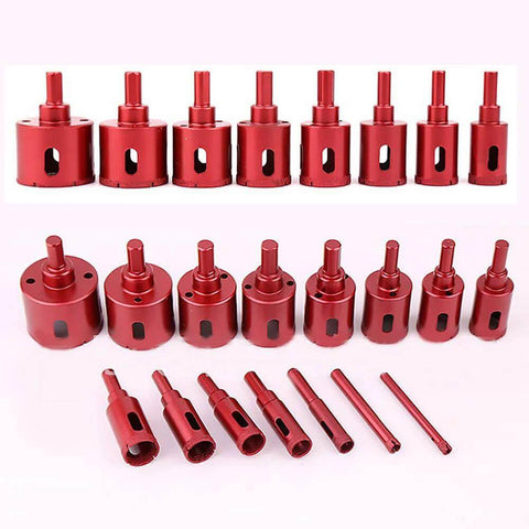 Red diamond core drill bit set with multiple sizes for tile, glass, marble, and ceramic