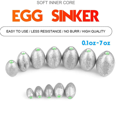 Removable Egg Lead Fishing Sinkers Set Of 20 For Saltwater Drop Shot Fishing, oval sinker weights one tenth ounce displayed