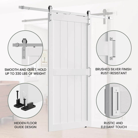 40 x 84 Inch Solid Wood Paneled Sliding Barn Door With Brushed Nickel Hardware, White Finish, Heavy Duty Track System