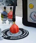 Inflatable Boat and SUP Pump Adapter for Schrader Valve Lets You Connect Any Electric, Foot, or Compressor Pump Easily, Works on Most Inflatable Boards and Boats, Spoke Plate Attachment, Black and Orange, attached to SUP valve with pressure gauge