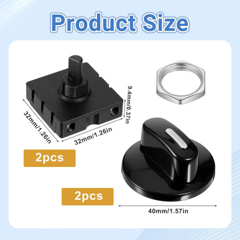 Two Pack Four Position Rotary Switch With Knob For Heaters And Fans, product dimensions, black switches and knobs shown
