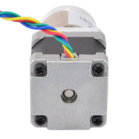 NEMA 14 geared stepper motor with 19:1 planetary gearbox and multicolor wiring harness.