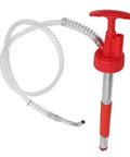 The Ultimate Portable Oil Hand Pump For 5 Gallon Drums with red handle and clear flexible hose for fluid transfer.
