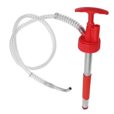 The Ultimate Portable Oil Hand Pump For 5 Gallon Drums with red handle and clear flexible hose for fluid transfer.