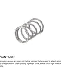 Ten silver 304 stainless steel compression springs, 0.3 mm wire diameter, 3 mm OD, 5 mm free length.