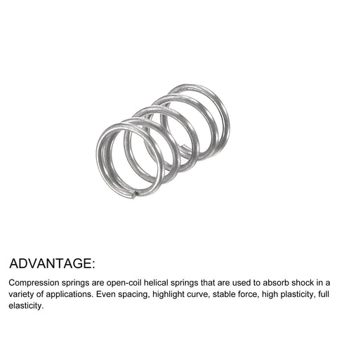 Ten silver 304 stainless steel compression springs, 0.3 mm wire diameter, 3 mm OD, 5 mm free length.