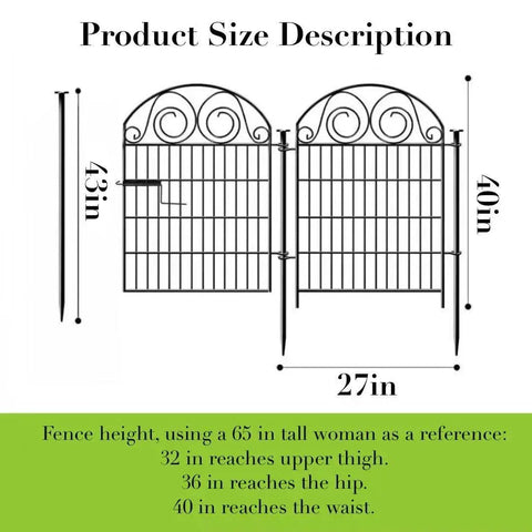 Product size diagram of Tall Dog Fence With Gate showing 40 inch high, 27 inch wide, garden boundary fences with decorative top.