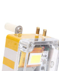 Close-up of Hand Crank Portable Power Generator for emergency USB charging with built-in light and battery storage.