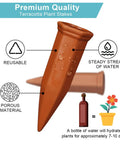 10 Pack Clay Self Watering Nails For Indoor And Outdoor Plants, showing terracotta nail with water seepage details and reuse icons