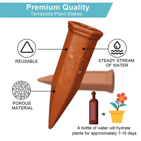 10 Pack Clay Self Watering Nails For Indoor And Outdoor Plants, showing terracotta nail with water seepage details and reuse icons