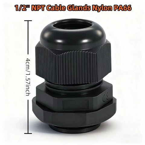 Heavy Duty 10 Pack 1/2 NPT Black Nylon PA66 IP68 Waterproof Adjustable Cable Glands for Electrical Boxes, size shown.