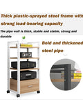 Five Tier AV Media Rack With Drawers Wooden Corner Frame Cabinet and Stereo Stand for Home Office and Studio Gear Multi Functional Storage for Printer Scanner Fax Machine Style 3 60x40x120 cm, white steel frame