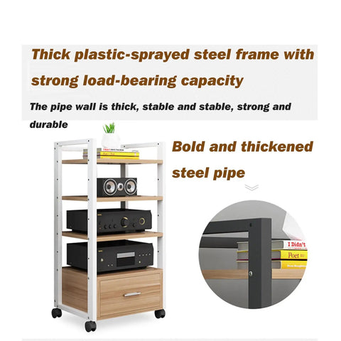 Five Tier AV Media Rack With Drawers Wooden Corner Frame Cabinet and Stereo Stand for Home Office and Studio Gear Multi Functional Storage for Printer Scanner Fax Machine Style 3 60x40x120 cm, white steel frame