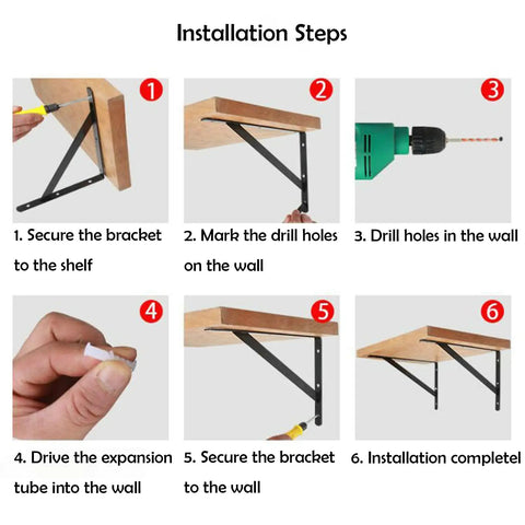 Installation steps for 12 Pack 16 By 10 Inch Built Like A Tank Metal L Shaped Shelf Brackets Wall Mounted shown in six images