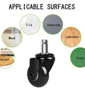 Set Of Five Heavy Duty Swivel Caster Wheels For Office Chairs Featuring Bone Quiet Rolling PU Treads on various surfaces.