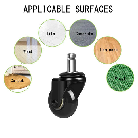 Set Of Five Heavy Duty Swivel Caster Wheels For Office Chairs Featuring Bone Quiet Rolling PU Treads on various surfaces.