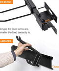 Heavy Duty Wall Tool Storage Rack With Shelf and Adjustable Hanger System for Garage, close-up of mounting and arm length comparison